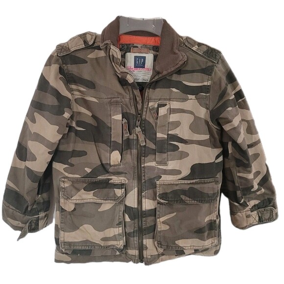 Vtg GAP Kids Camo Bomber Jacket Boys Size 6-7 Small Tan Brown Gray Lined Y2K - Picture 2 of 16